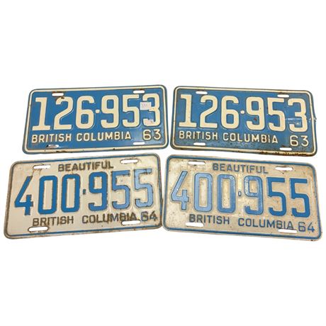 2 Pairs Of British Columbia License Plates,1963, 1964