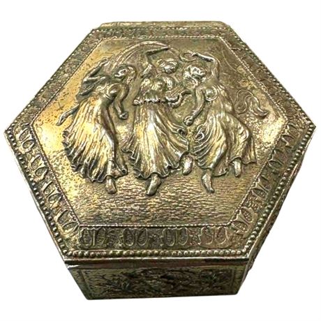 Vintage Embossed Ornate Metal Jewelry Box, With Lady & Cherub Motif