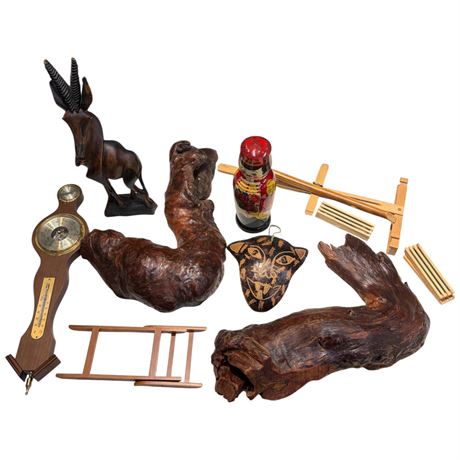 Large Assortment Of Collectibles, Wood Carvings, Barometer, Etc..