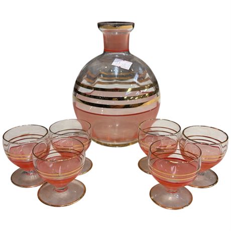 Vintage Gold Rim Decanter Set With 6 Shot Glasses
