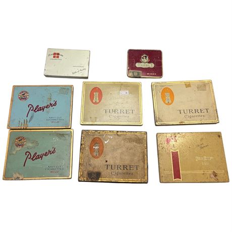8 Vintage Cigarette Tins, Turret, Three Threes, Carel, Etc..