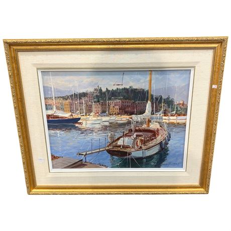 Framed Oil On Canvas Of Harbour Scene Signed By Artist, Bates