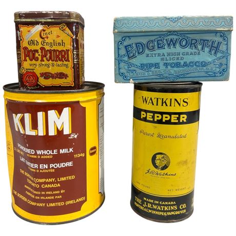 4 Vintage Tins, Paper Edge Worth Tobacco, Watkins Pepper, Klim, Etc..