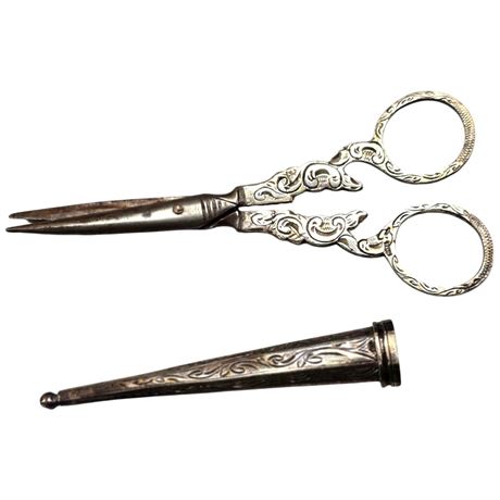 Vintage Pair Of Sterling Silver Scissors With Sterling Silver Case