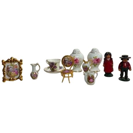 Assorted Miniature Porcelain Pieces & 2 Cast Iron Amish Figures
