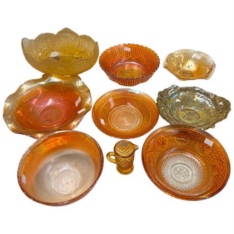 Assorted Collectible Colored Glass, Bowls, Plates, Pitcher, Etc..