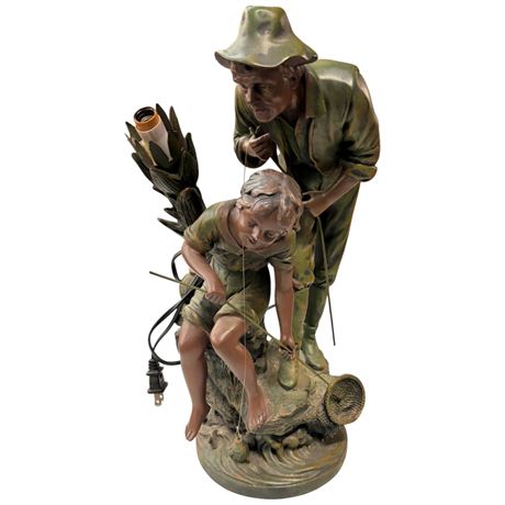 Vintage Plaster Table Lamp Sculpture Of Father & Son Fishing