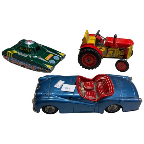 3 Vintage Japanese Tin Litho Toys, Some Missing Pieces