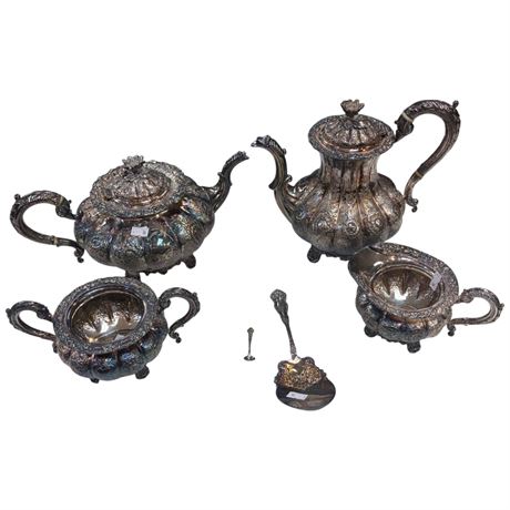 High Quality Ornate Silver Plate Tea Pot, Coffee Pot, Cream & Sugar Set