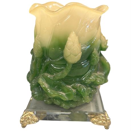 Asian Glass Resin Vase With Fish Flower And Lily Motif