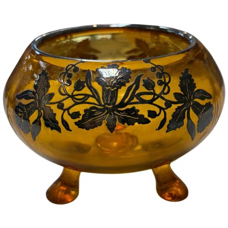 Vintage Footed Yellow Glass Bowl With Silver Overlay
