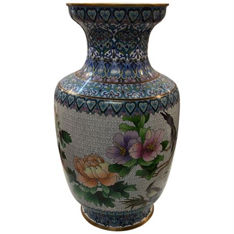 Large Vintage Cloisonne Vase With Flower & Bird Motif