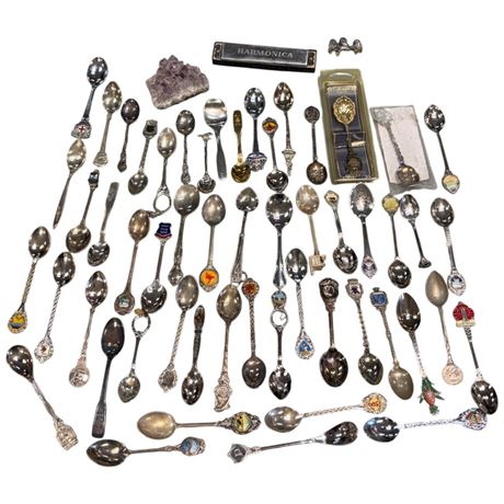 Assorted Collectible Souvenir Spoons, Amethyst, Harmonica, Etc..