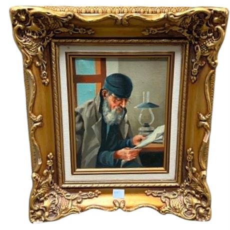 Vintage Ornately Framed Oil On Canvas Of Scholar, Signed By Artist