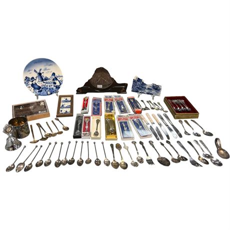 Assorted Collectibles, Souvenir Spoons, Mantle Clock, Etc..