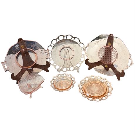 5 Pieces Of Pink Depression Glass Plates & Bowl