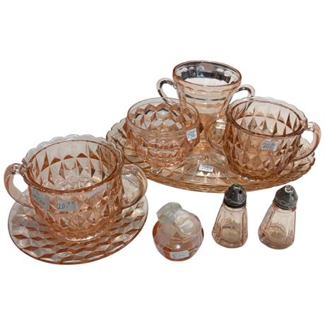 9 Pink Depression Glass Cups, Plates, Salt & Peppers, Etc..