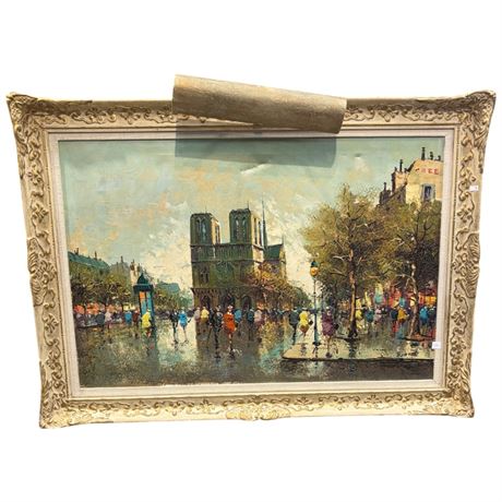Vintage Ornately Framed Oil On Canvas Of City Scene Signed Bonnet