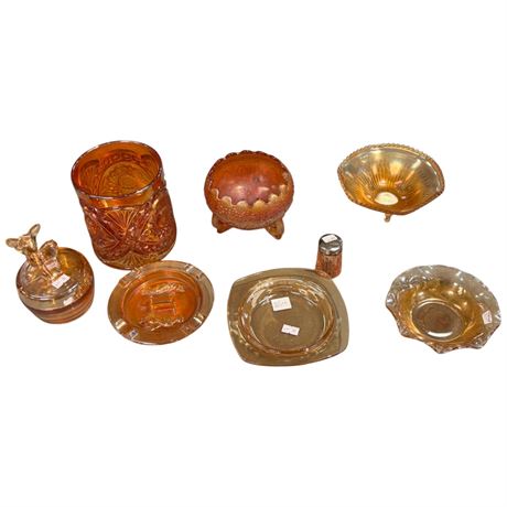 7 Pieces Of Assorted Vintage Carnival Glass, Various Patterns