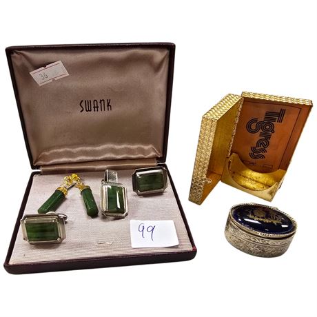 2 Vintage Trinket Boxes & Jade Cufflinks With Earrings