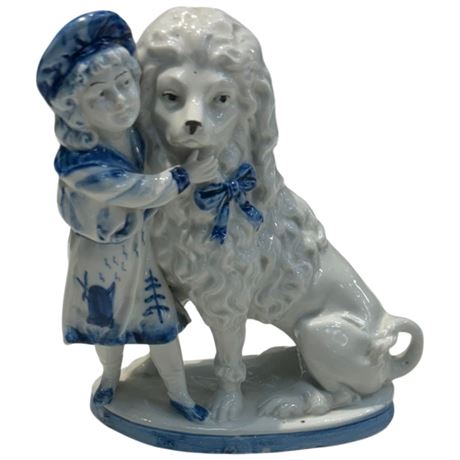 Rare Antique German Porcelain Faience Old Fashioned Boy With Dog