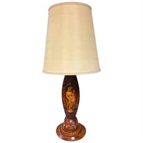 Large Vintage Carved & Inlayed Wood Balinese Table Lamp With Nude Lady
