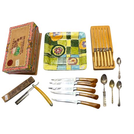 Assorted Vintage Cutlery, Shaver, Fruit Box, Etc..