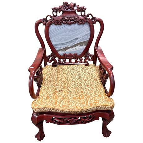 Vintage Chinese Carved Rosewood Marbled Back Chair