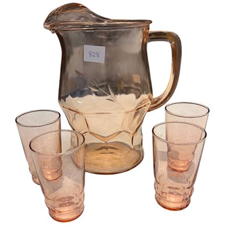 5 Pink Depression Pieces, Pitcher & Shot Glasses