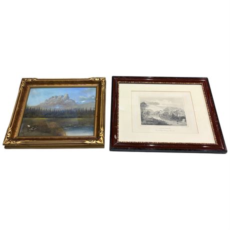 2 Small Framed Prints, Mountain Scene & Gerns Bach Etching