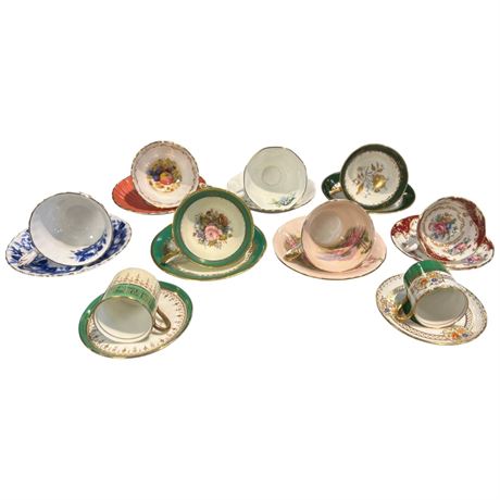 18 Assorted Tea Cups & Saucers, Aynsley, Canterbury, Royal Albert, Etc..