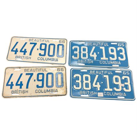 2 Pairs Of British Columbia License Plates 1965, 1966