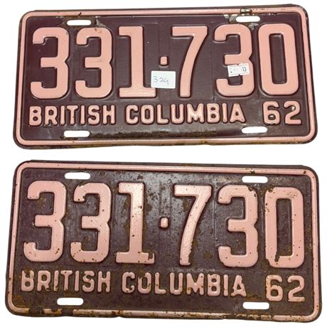 Pair Of 1962 British Columbia License Plates