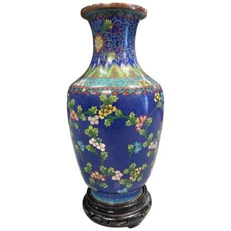 Vintage Cloisonne Vase, On Wood Stand