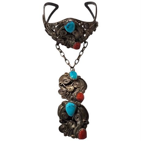Vintage Sterling Silver Bracelet & Ring Set With Turquois And Coral