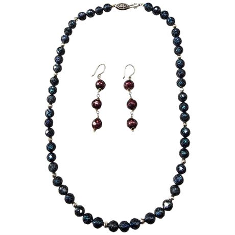 Faceted Pearl Necklace With Sterling Silver Clasp & Earrings