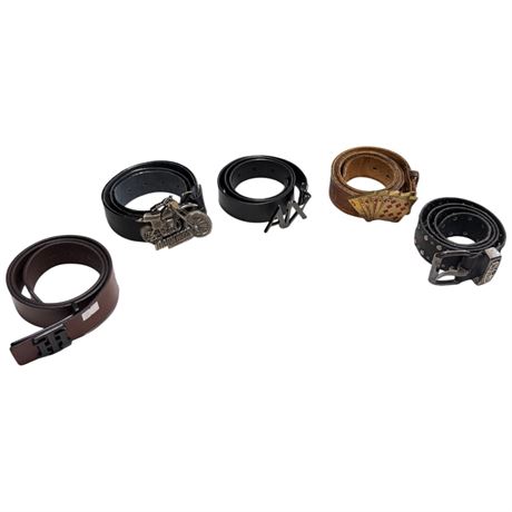 5 Assorted Belt & Buckles, Moto Cross, Tommy Hilfiger, Etc..