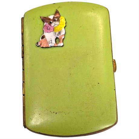 Vintage Enamel & Brass Cigarette Case With Enameled Dog