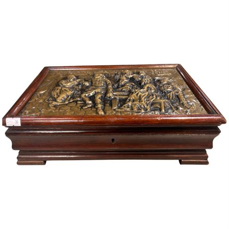 Antique Brass Embossed Tavern Scene On Wooden Box