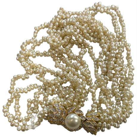 Stunning Vintage Kjl Faux Pearl Necklace With Rhinestone Clasp