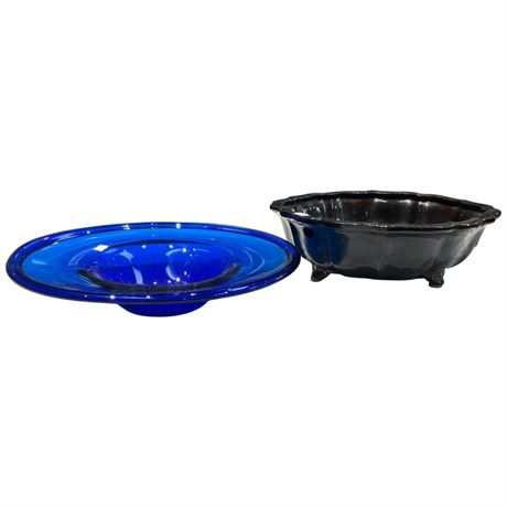 Blue Art Glass Bowl & Pottery Plant Stand