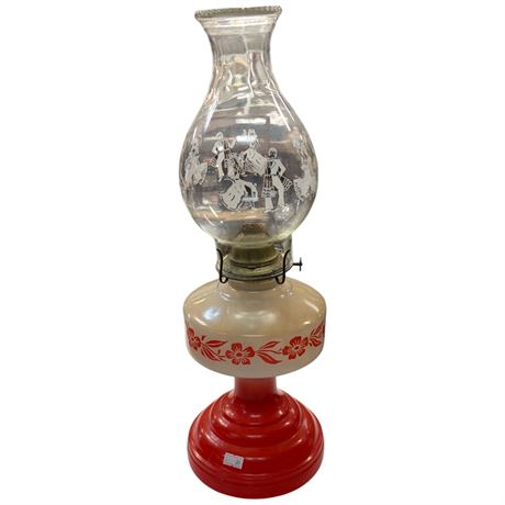 Vintage Queen Anne Red Flower Dancing Figures Oil Lamp