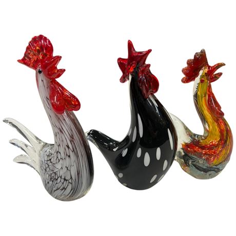3 Art Glass Roosters