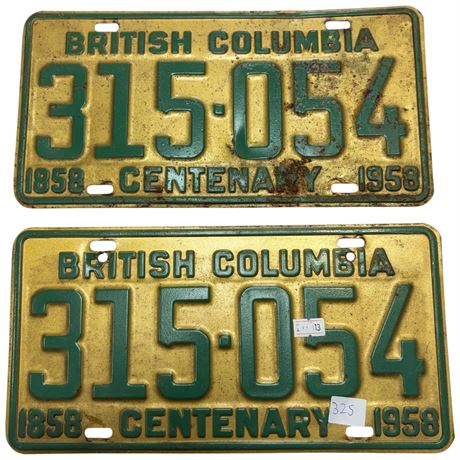 Pair Of Centenary 1858-1958 British Columbia License Plates