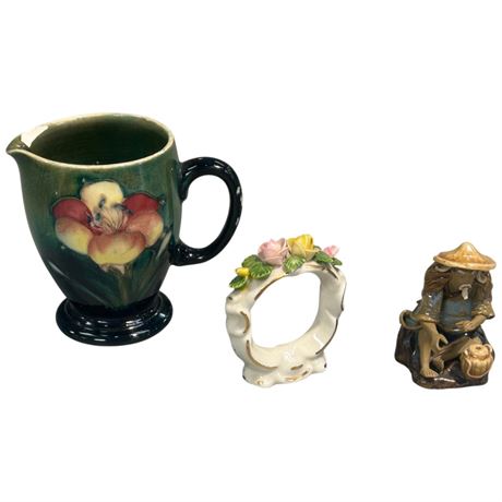 Signed Moorcroft Creamer, Dresden Napkin Ring, Chinese Mud Men