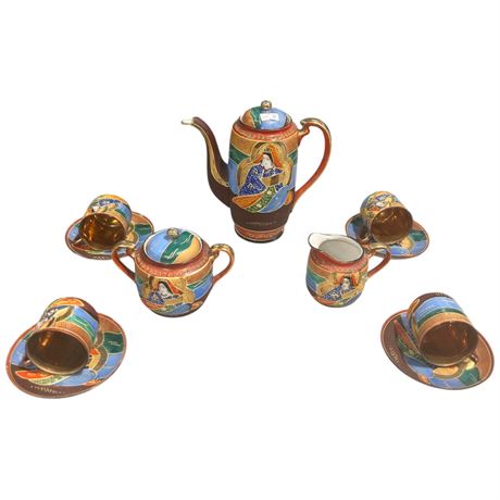 Vintage Satsuma Tea Set, Teapot, Creamer, Sugar, Tea Cup, Saucers, Etc..