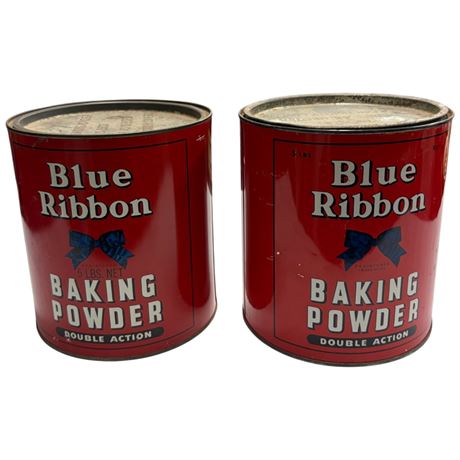 2 Blue Ribbon Baking Powder Tins