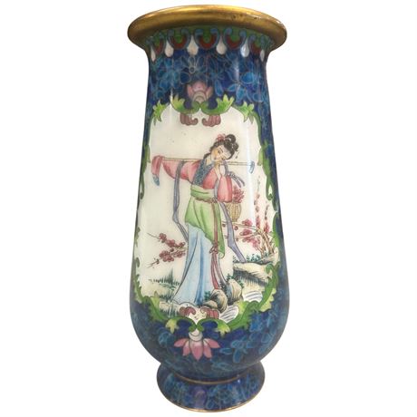 Vintage Cloisonne Vase With Lady Tree Motif
