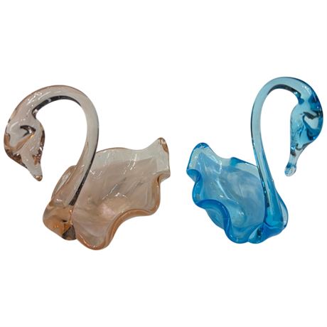 2 Art Glass Swan Bowls