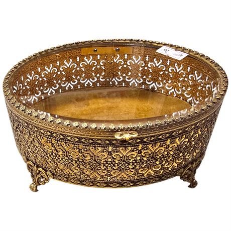 Vintage Ornate Glass Topped Pierced Jewelry Box